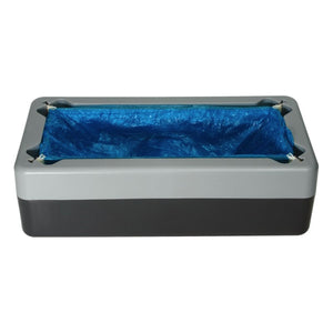 Grauer Spender für Schuhüberzieher mit blauer Einlage.