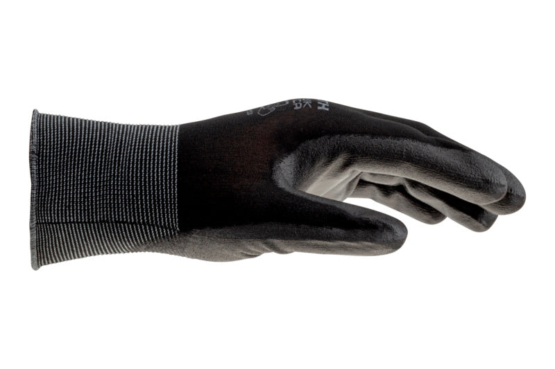 Gestrickter Schutzhandschuh mit weicher PU-Beschichtung und elastischem Bündchen in Blau und Grau.