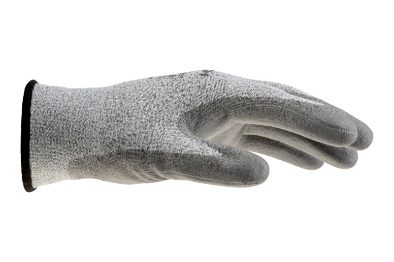 Schnittschutzhandschuh in grau mit rutschfester Beschichtung und elastischem Design für besseren Grip.