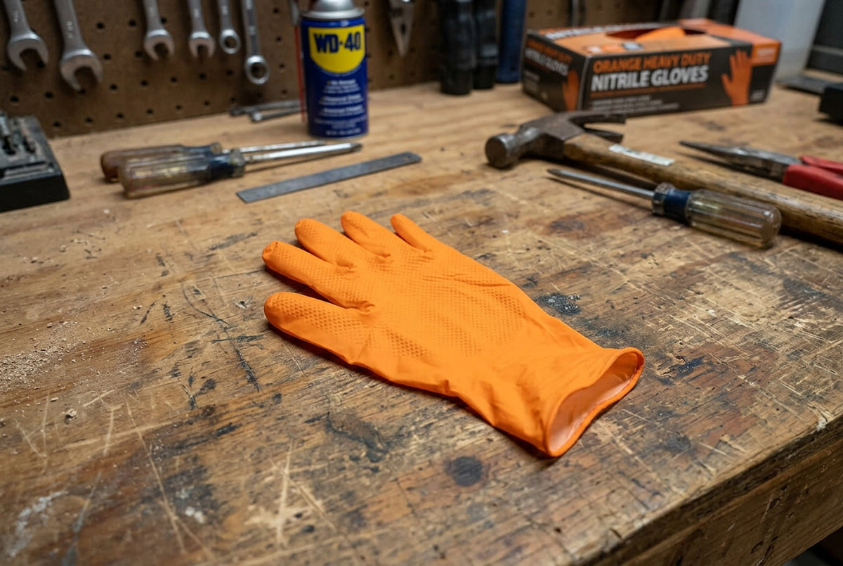 Einweg-Schutzhandschuhe aus orangefarbenem Nitril mit Grip-Oberfläche, 50 Stück pro Packung.