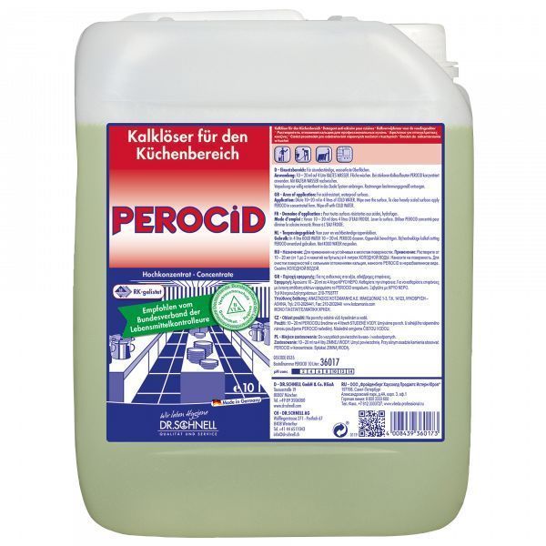 10 Liter Kanister Perocid Konzentrat Desinfektionsmittel mit Warnhinweis auf Augen- und Hautreizung