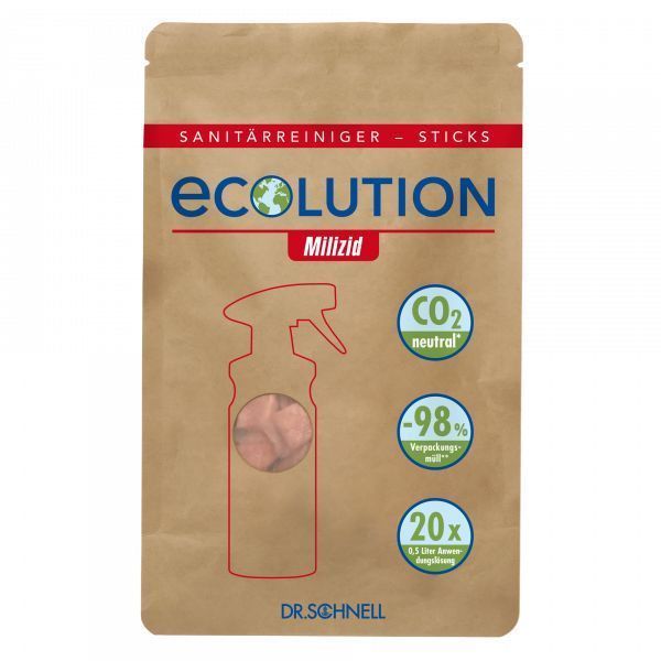Packung mit 20 umweltfreundlichen Ecolution Milizid Sticks, jeweils 3g, zur Abflussreinigung.