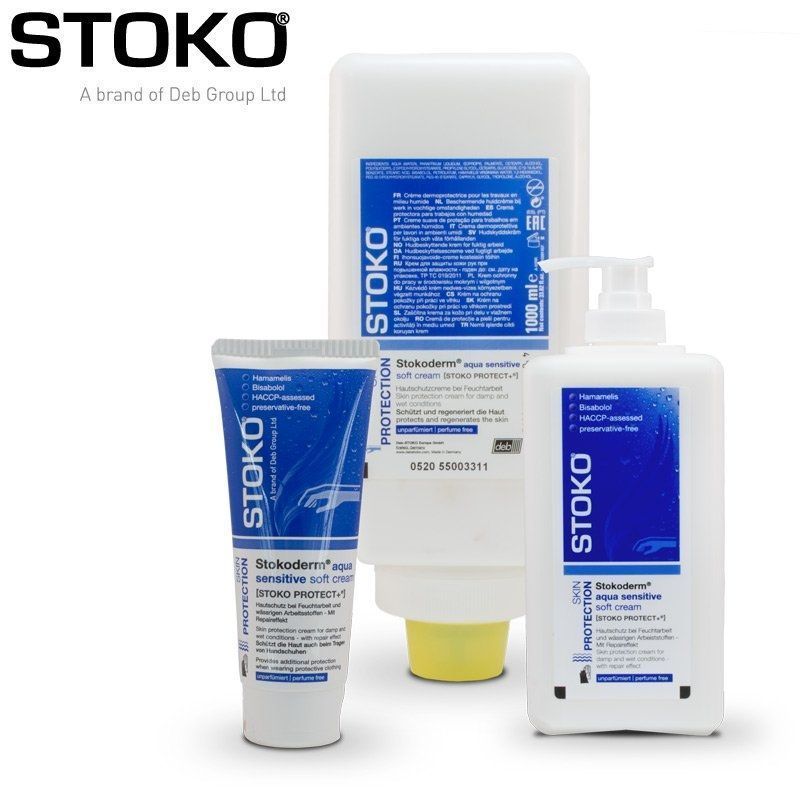 Stokoderm Aqua Pure Hautschutz in einer praktischen 1L Softflasche, unparfümiert.
