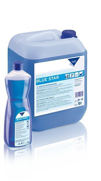 1-Liter-Flasche Blue Kleen mit blauer Flüssigkeit für vielseitige Oberflächenreinigung.