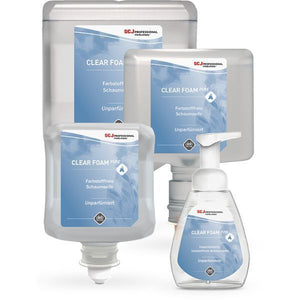 1 Liter Flasche Clear Foam Pure Reiniger mit klarer schaumiger Textur und Pumpspender.