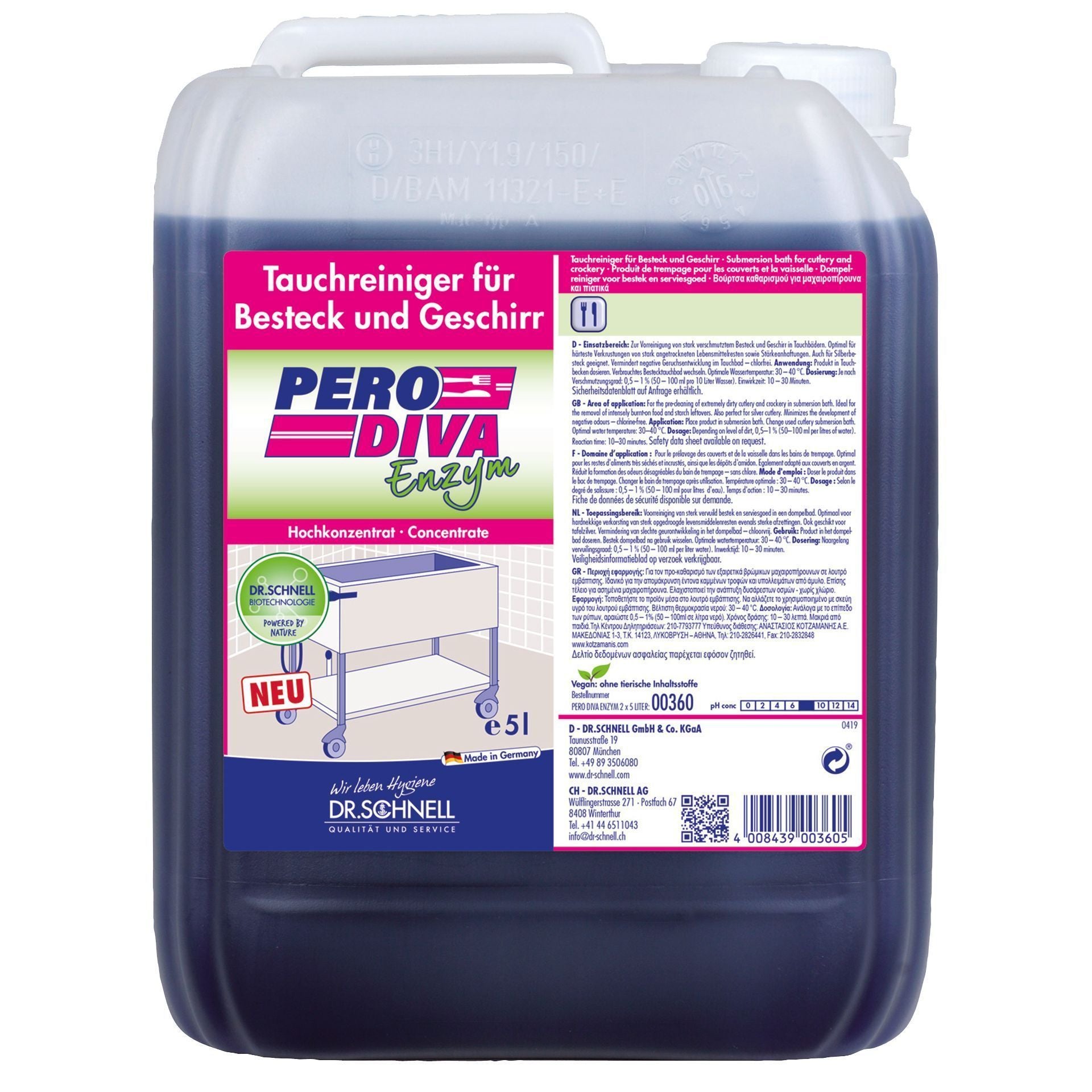 5L Kanister mit Pero Diva Enzym Reinigungsmittel für effektive Oberflächenreinigung.