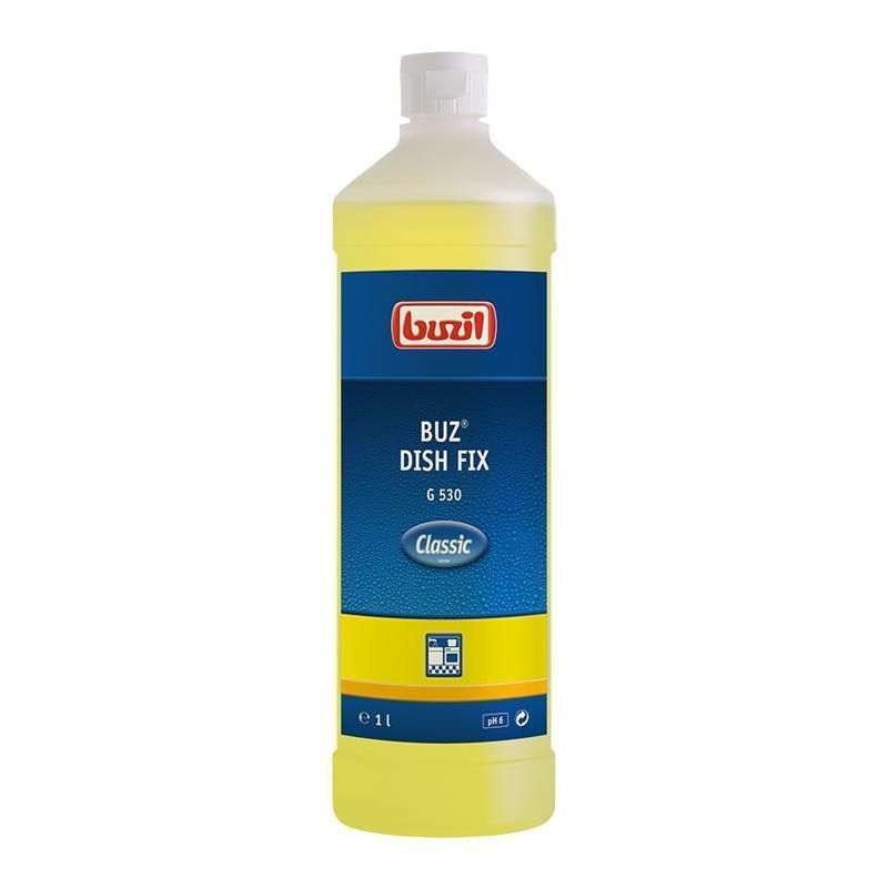 1L bottle of Buzil Buz Dish Fix Classic Edition for effective dishwashing with a pleasant scent.