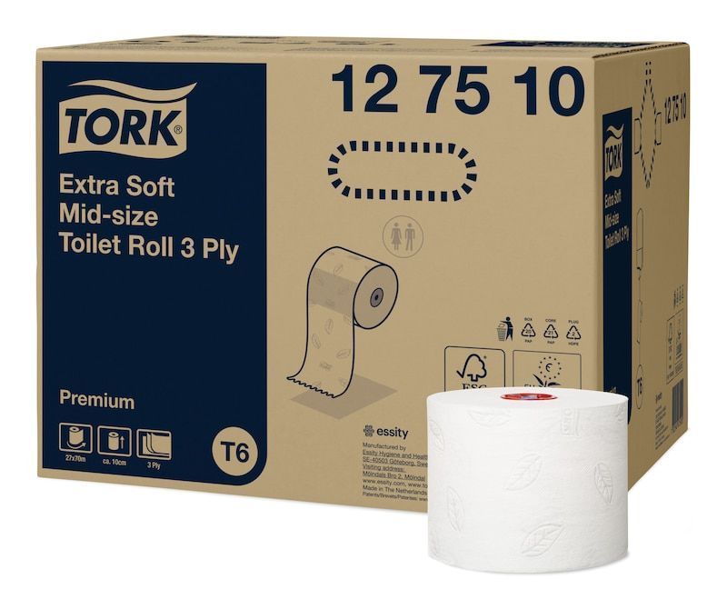 Hochweißes Tork Premium Toilettenpapier, 3-lagig, 70m lang, 27 Rollen pro Karton.