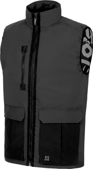 Dunkelgraue, gefütterte Arbeitsweste mit mehreren Taschen und bewegungsfreundlichem Schnitt.