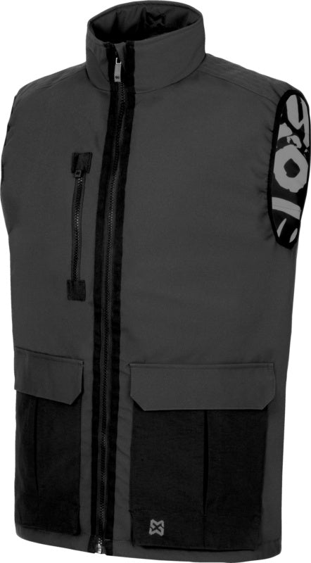 Dunkelgraue, gefütterte Arbeitsweste mit mehreren Taschen und bewegungsfreundlichem Schnitt.