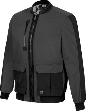 Dunkelgraue Wetterschutzjacke mit Kapuze, regulierbaren Bündchen und zwei Seitentaschen.