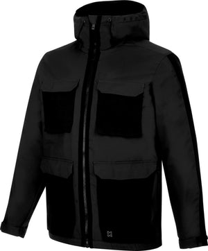 Dunkelgraue Wetterschutz-Winterjacke mit Kapuze, verstellbaren Ärmelbündchen und Reißverschlusstaschen.