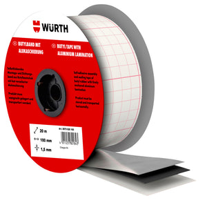 Rolle Dichtungsband Butyl mit Alukaschierung, 120 mm breit und 30 m lang, silberfarben.