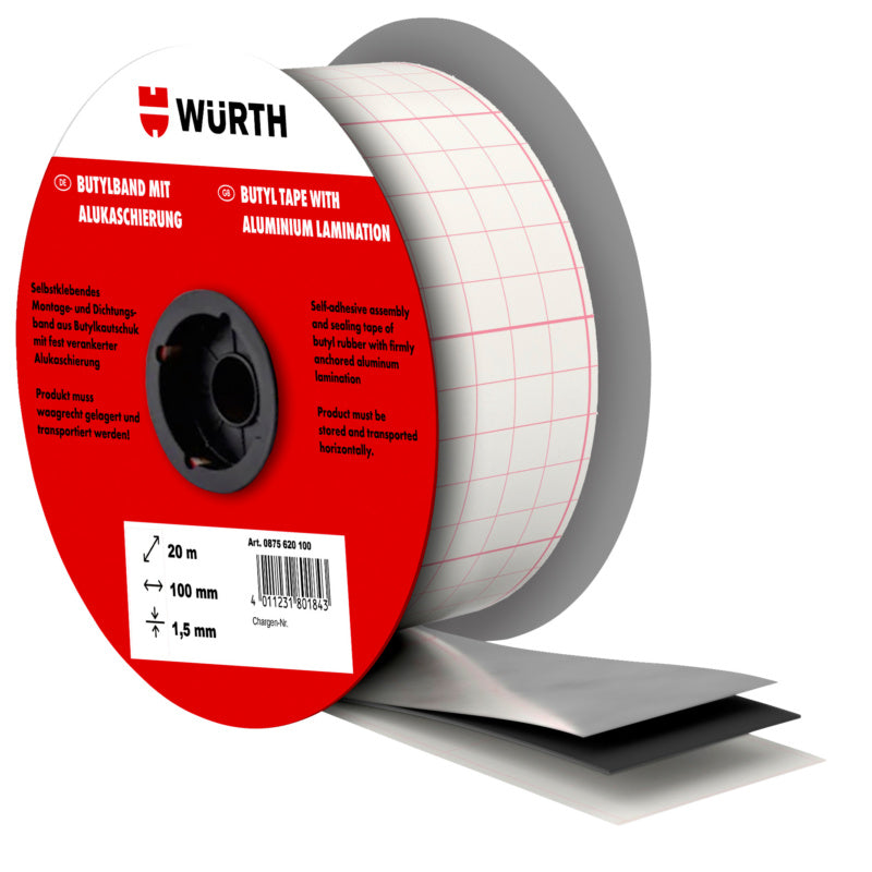 Rolle Dichtungsband Butyl mit Alukaschierung, 120 mm breit und 30 m lang, silberfarben.