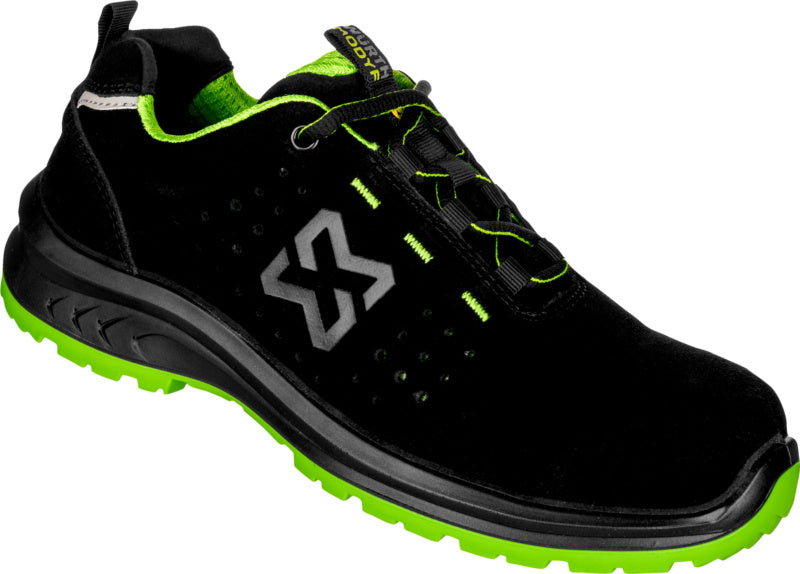 Sicherheitshalbschuh S1PS-HALBSCHUH CRUISE in Schwarz und Grün mit rutschfester Sohle.