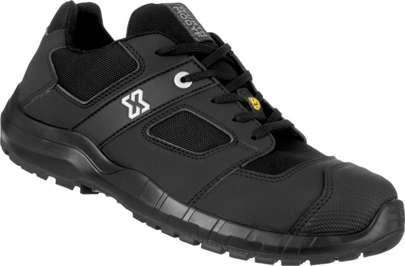 Schwarzer Sicherheitshalbschuh S3S-HS STRETCH X mit rutschhemmender Sohle und atmungsaktivem Obermaterial.