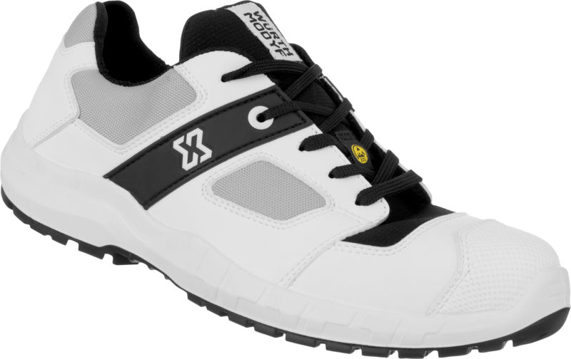 Schwarzer und weißer Sicherheitshalbschuh S3S-HS mit Stretch-Material und durchtrittsicherer Sohle.