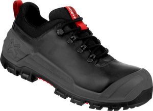 Schwarzer Sicherheitshalbschuh S3S mit durchtrittsicherem Zehenschutz und rutschhemmender Sohle.