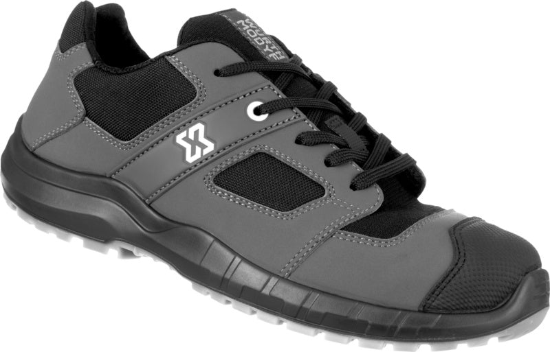 Grau-schwarzer Sicherheitshalbschuh S3S mit Stahlkappe und rutschfester Sohle aus Stretch-Material.