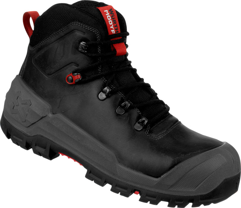 Schwarze Sicherheitsstiefel S3S mit stahlverstärkter Zehenschutzkappe und rutschfester Sohle.