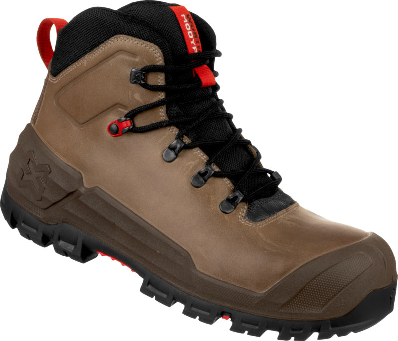 Braune Sicherheitsstiefel Cronos Mid S3S mit Zehenschutz, rutschfester Sohle und gepolsterter Einlegesohle.
