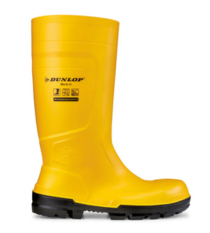 Gelbe Sicherheitsgummistiefel S5 mit rutschfester Sohle und verstärktem Schutz.