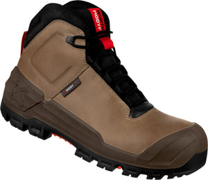 Brauner Sicherheitsstiefel Cronos Mid S7S mit Stahlkappe und rutschfester Sohle, mittelhoch.