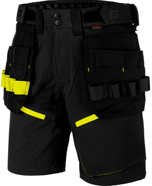 Arbeitsshorts BERMUDA PERFORMANCE in Anthrazit und Gelb mit mehreren Taschen und Klettverschluss.