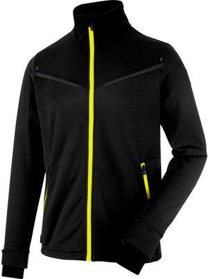 Fleecejacke in Anthrazit und Gelb mit durchgehendem Reißverschluss und seitlichen Taschen.