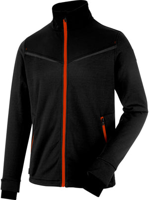 Schwarze und rote Fleecejacke mit Reißverschluss, Stehkragen und seitlichen Taschen.