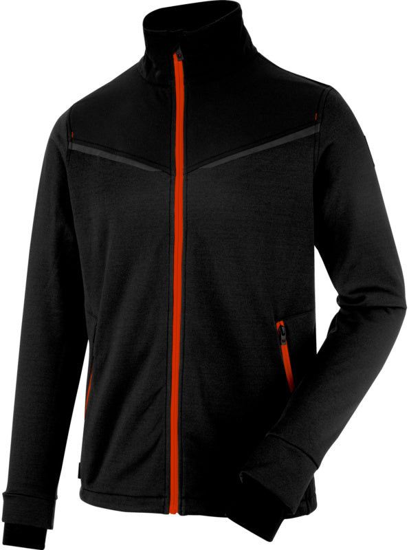 Schwarze und rote Fleecejacke mit Reißverschluss, Stehkragen und seitlichen Taschen.