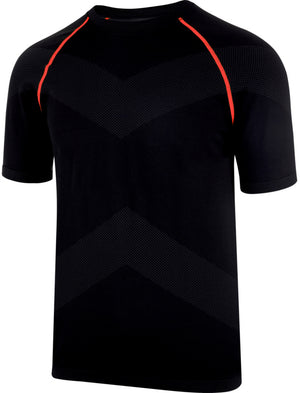 Schwarzes Arbeitsshirt mit roten Akzenten, atmungsaktiv und mit verstärktem Kragen.