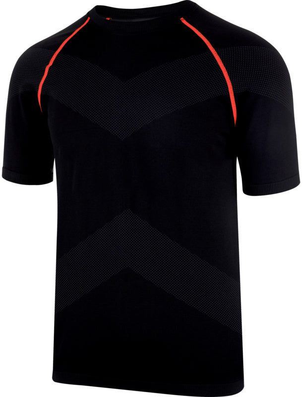 Schwarzes Arbeitsshirt mit roten Akzenten, atmungsaktiv und mit verstärktem Kragen.