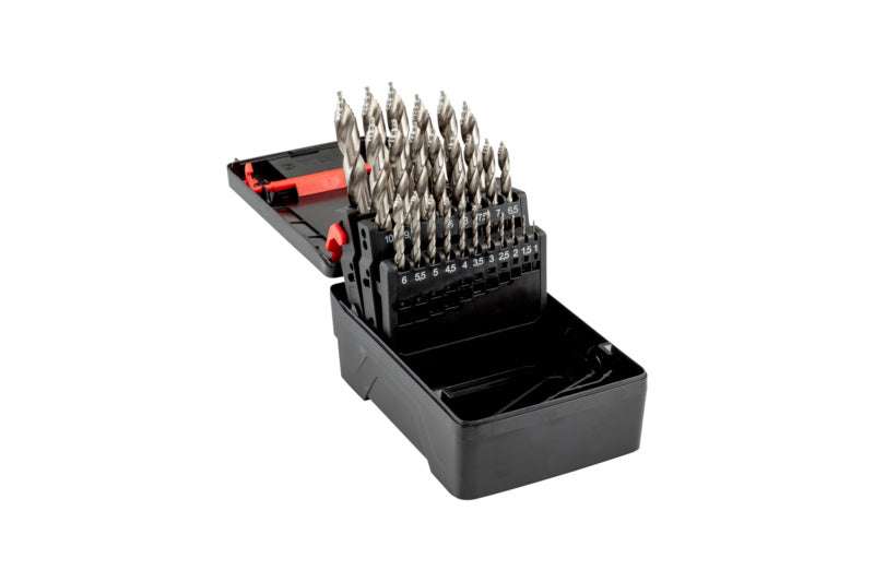 Set von Spiralbohrern aus HSS in einer praktischen Aufbewahrungsbox für Metallbearbeitung.