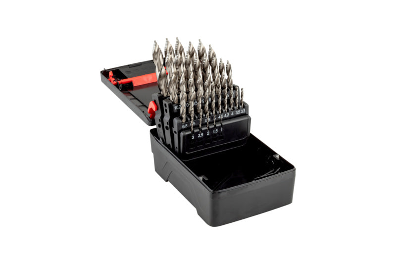 Set mit Spiralbohrern aus Hochgeschwindigkeitsstahl für Metallbearbeitung in verschiedenen Durchmessern.