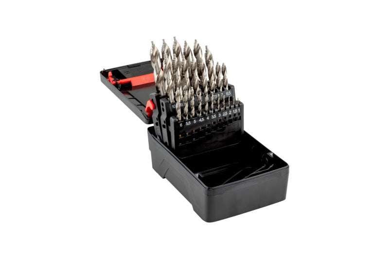 Set of HSCO spiral drill bits for metal, featuring various sizes in a sturdy storage box.