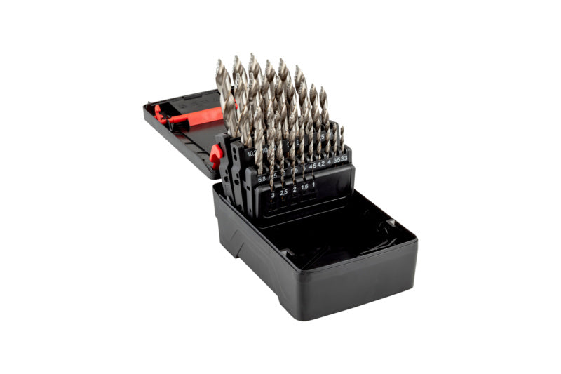 Set of HSCO spiral drill bits in various sizes, stored in a compact case.