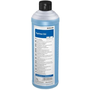 Flasche Klarspüler Toprinse Uni 1L mit blauem Inhalt.