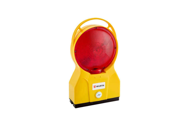 Robuste doppelseitige Baustellenleuchte mit LED-Technik und Tragegriff in Gelb und Schwarz.