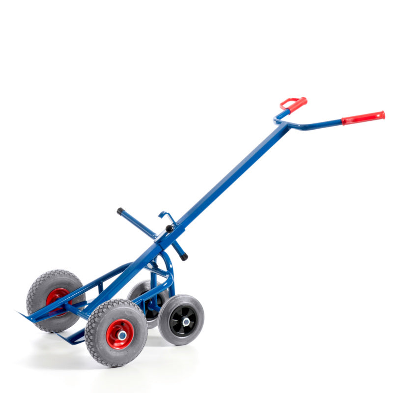 Robuste Fasskarre aus Stahl mit ergonomischem Griff und großen stabilen Rädern für einfachen Transport.