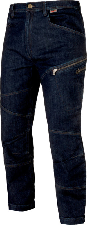 Blaue Arbeitshose aus robustem Dyneema mit mehreren Taschen und verstärkten Knien im Jeans-Look.