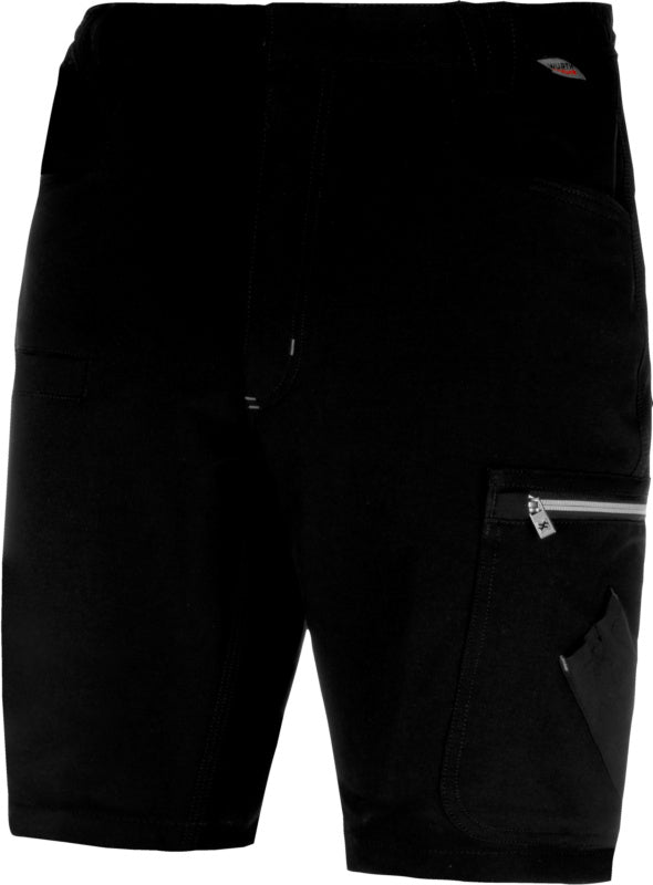 Schwarze Arbeitsshorts mit Stretch, elastischem Bund und mehreren Taschen für Werkzeug und Stauraum