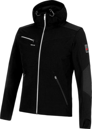 Schwarze Softshell-Arbeitsjacke mit Stretch, Kapuze und mehreren funktionalen Taschen.
