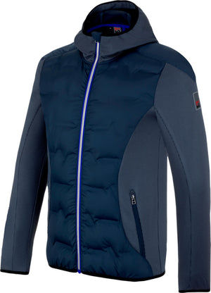 Arbeitsjacke in Dunkelblau und Royalblau mit reflektierenden Details und mehreren Taschen.