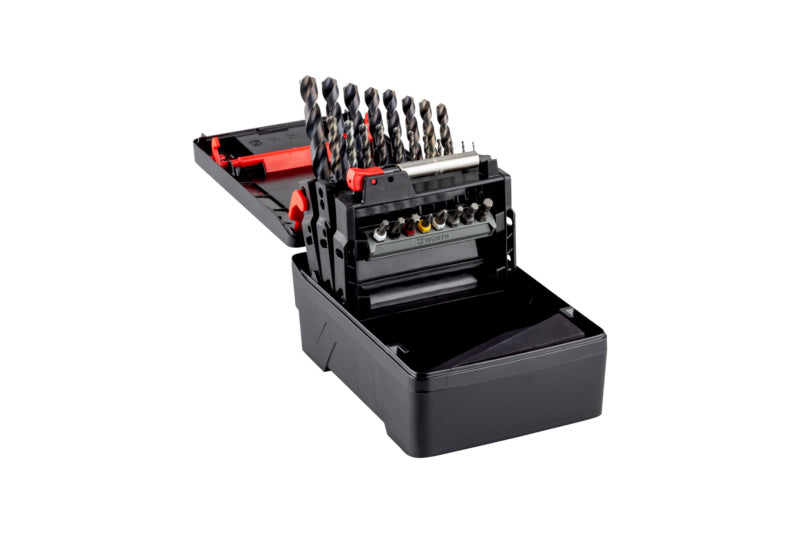 Spiralbohrer Metall Sortiment in Kunststoffbox mit verschiedenen HSS-Bohrern für Metallarbeiten.