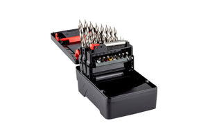 Spiralbohrer Metall Sortiment in Kunststoffbox mit verschiedenen Durchmessern aus HSS-Stahl.