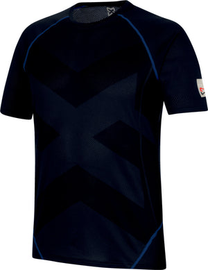 Dunkelblaues Arbeitsshirt mit elastischem Rundhalsausschnitt und verstärkten Nähten.