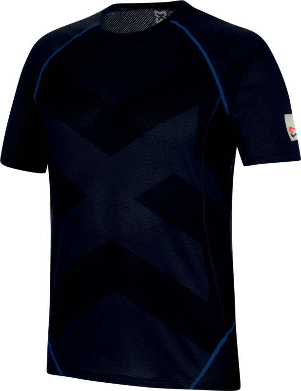 Dunkelblaues Arbeitsshirt mit elastischem Rundhalsausschnitt und verstärkten Nähten.