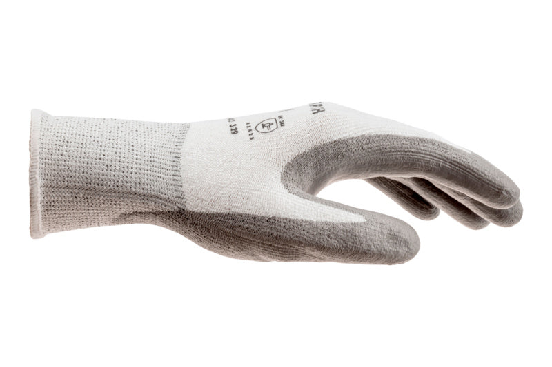 Schnittschutzhandschuh in grau mit ergonomischem Design und atmungsaktiver Innenhand.