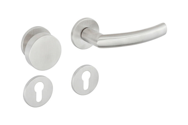 Türdrücker aus gebürstetem Edelstahl mit ergonomischem Griff und CLICKFIX-Montagesystem.